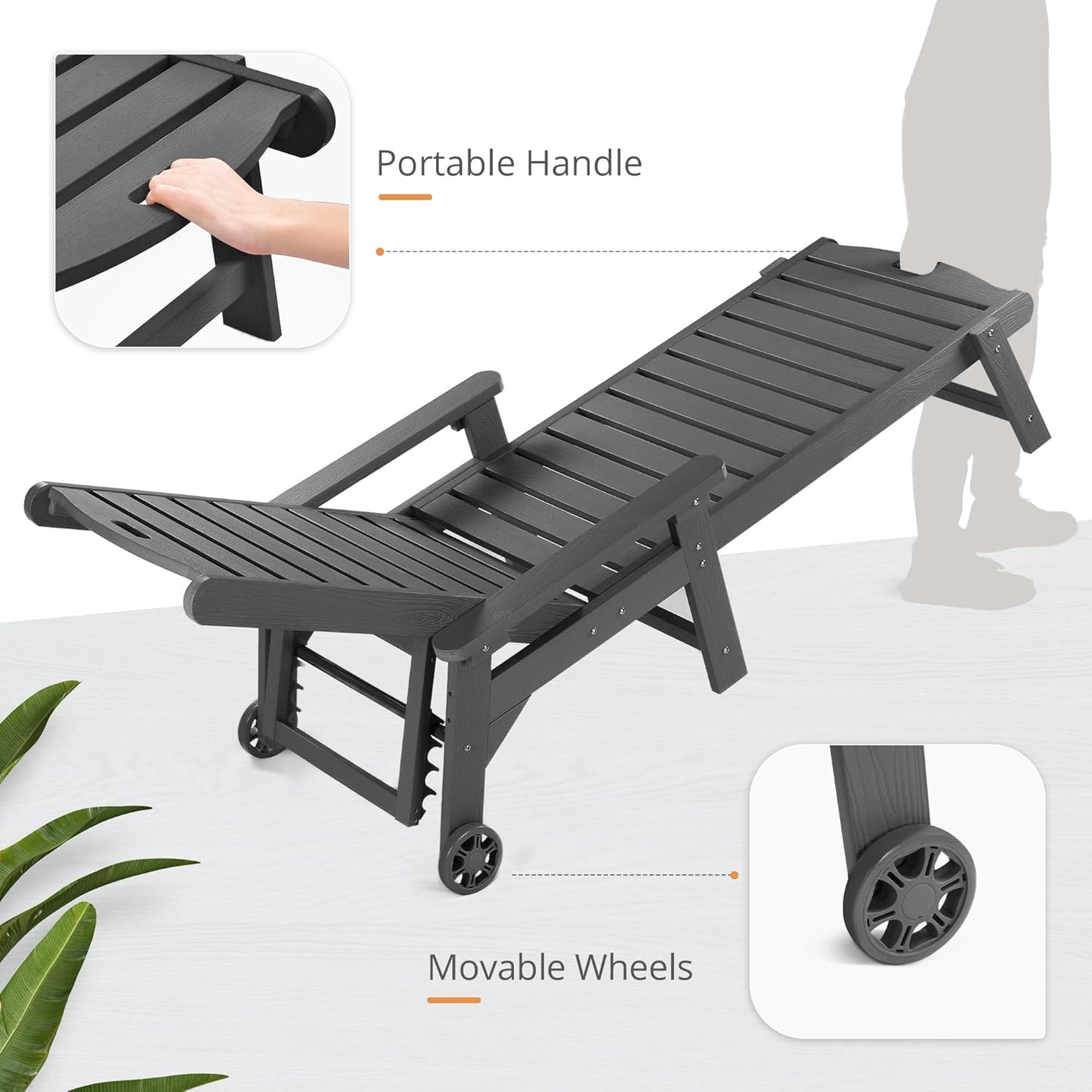 LUE BONA Chaise Lounge Chairs Set with Table, 6-Piece, 79'' Oversized HDPS Chaise Lounger, 5 Positions Adjustable Lounge Chairs, Pool Lounge Chair with Wheels for Poolside, 3 Year Warranty, Dark Gray