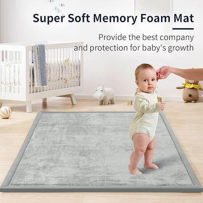 ACOMOPACK Baby Play Mat for Floor 1.3" Thick Memory Foam Play Mat 39"×59" Tummy Time Crawling with Non-Slip Bottom for Living Room,Nursery,Soft Velvet Playpen Mats for Kids,Infants（Light Grey）
