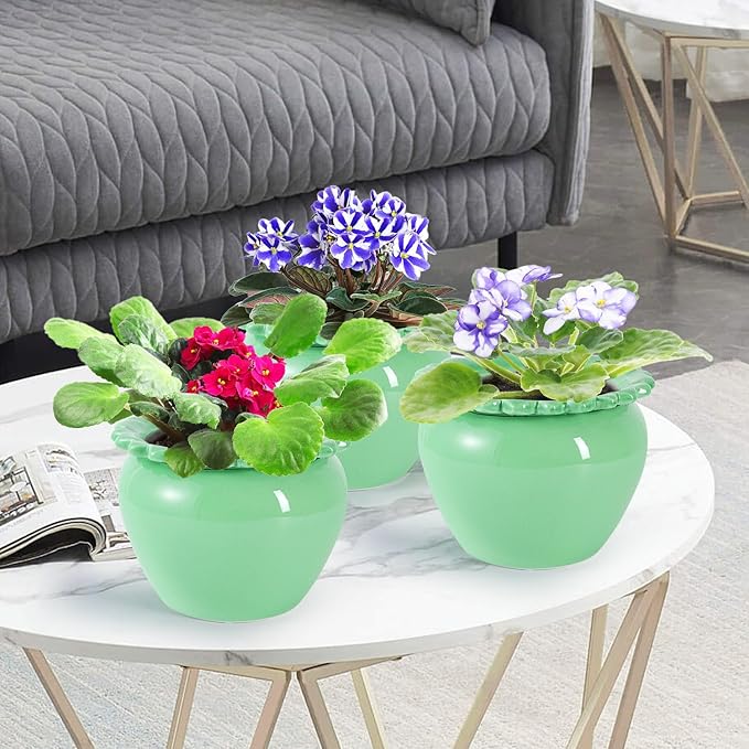 African Violet Flower Pot Green Ceramic Self Watering Flower Pot 6.5 * 4.6 * 4 inch Simple Plant Self Watering Pot Indoor Flowers High Absorption Herbaceous Flower Pots Modern Decor Pots