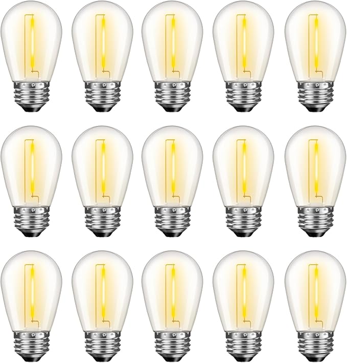 LED S14 Replacement Light Bulbs for Outdoor String Lights, 1W Shatterproof Edison Light Bulbs for Outside Patio Garden, E26 Standard Base, Dimmable, 2200K Warm White, 15 Pack