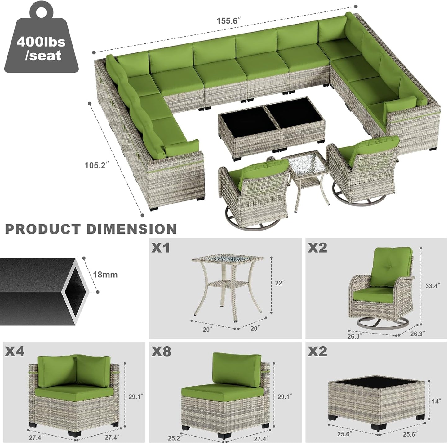 17-Piece Patio Furniture Set, Outdoor Patio Furniture with Swivel Chairs Set, Thick Cushions, Modular Patio Sofa, Dual-Strand Rattan, Rust-Resistant Frame, Grass Green