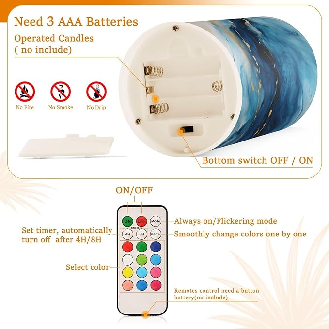 Flickering Flameless Candles, Marble Navy Blue LED Candles with Remote Timer, Set of 2 Battery Operated Candle for Valentine Wedding Birthday