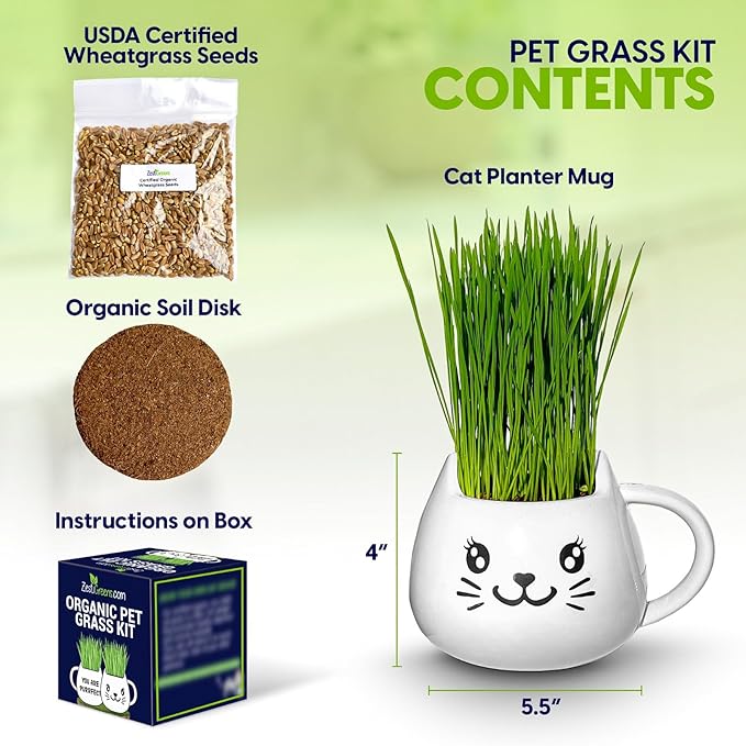 Organic Cat Grass Growing Kit - Promotes Natural Hairball Control and Digestive Wellness - Includes Organic Seed Mix, Nutrient-Rich Soil, and Stylish White Cat Planter
