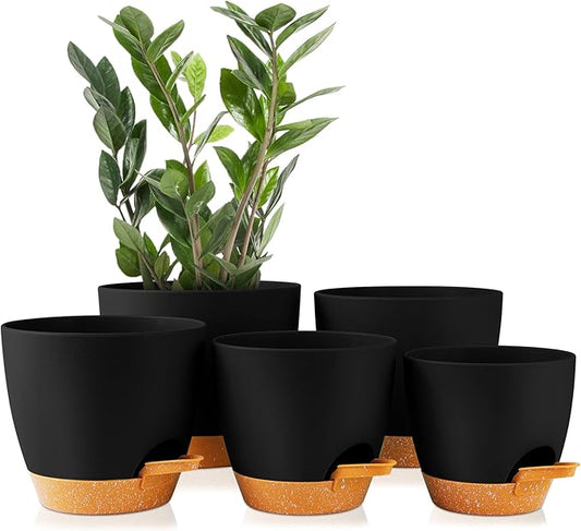 GARDIFE Plant Pots 7/6.5/6/5.5/5 Inch Self Watering Planters with Drainage Hole, Plastic Flower Pots, Nursery Planting Pot for All House Plants, Succulents,Snake Plant, African Violet, Flowers,Black
