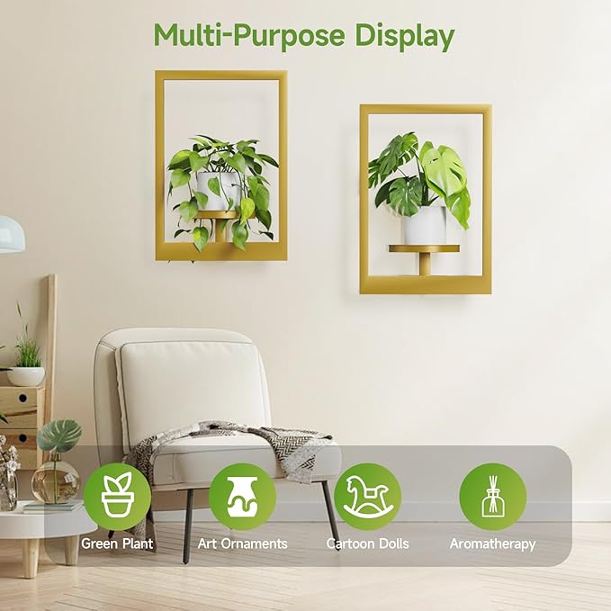 Picture Frame Wall Plant Holder, Metal Window Plant Shelves Plant Holder for Indoor Plants, Hanging Wall Planters Wall-Mounted Plant for Home, Office, and Garden (Gold, 2PCS)