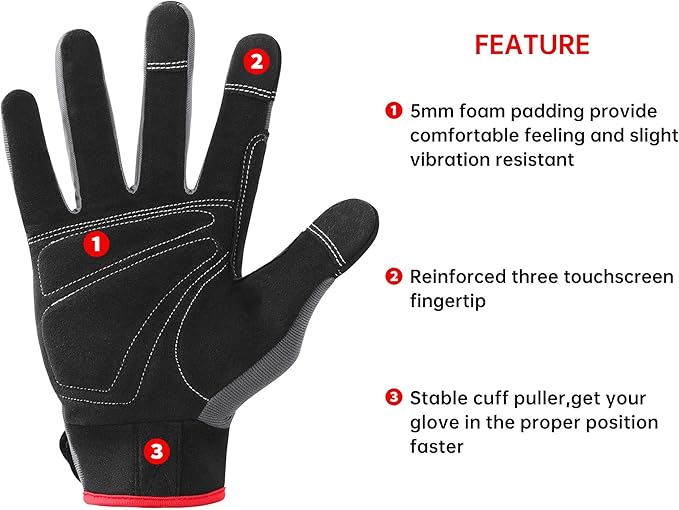 DULFINE Flex Grip Mechanic Work Gloves for Men,Black and Red Utility Safety Working Gloves Touch Screen,Excellent Grip,Ideal for Working on Cars and Outdoor Jobs(Large)
