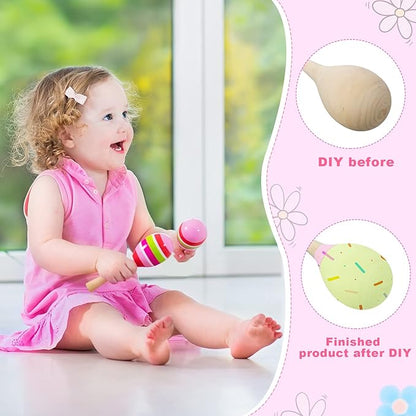 Leitee 6 Pcs DIY Wood Maracas Unfinished Hand Painted Maracas Party Favor Wooden Rumba Shakers Hand Percussion Rattles Musical Instruments with Clear Sound for Kid Adult(Log Color)