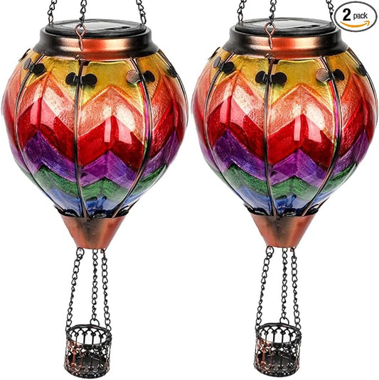 2PCS Solar Hot Air Balloon Lanterns with Flame with Shepherd's Hooks, Glass Hanging Flickering Lights Outdoor Waterproof for Garden Tree Yard Patio Mother's Day Gift, 18" H Wavy-Colorful