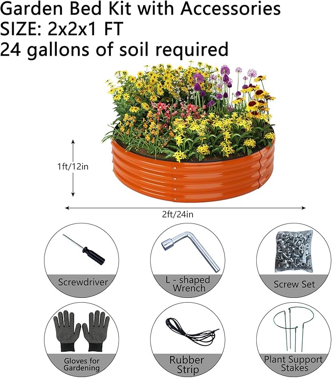 Galvanized Metal Planter Round Raised Garden Bed Kit for Gardening Outdoor，2x2x1ft Grow Garden Box Raised Flower Bed，Round Galvanized Planter Outdoor Metal Fire Pit Ring