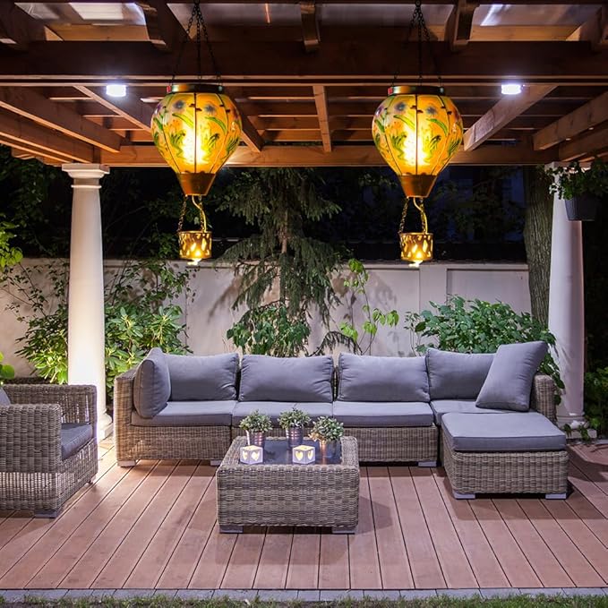 Starsoul Frog Hot Air Balloon Solar Lantern with Candle Holder Glass Outdoor Solar Hot Air Balloon Flickering Flame Lamp Hanging Garden Light Waterproof for Lawn Porch Tree Yard Decorations