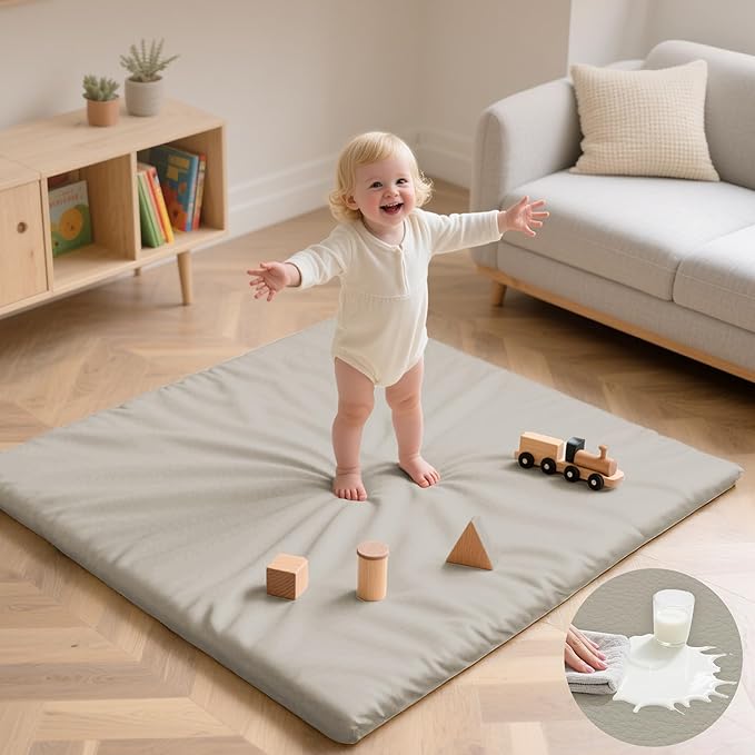 Baby Play Mat 50x50 Inches,1.3" Thick Padded Waterproof Floor Cushion & Playpen Mat with Vegan Leather,Non-Slip & Non-Toxic Nursery Rug for Infants, Toddlers & Kids(Grey)