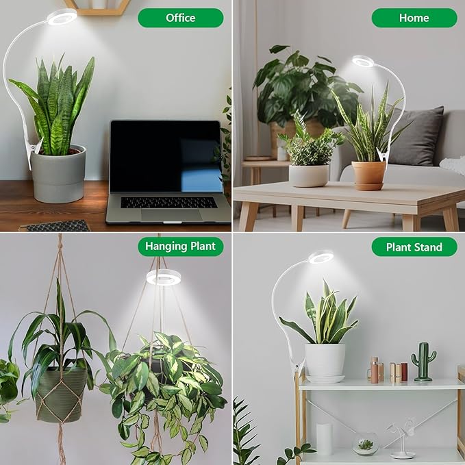 Plant Light Clip on, 6000K White Full Spectrum Grow Lights for Indoor Plants, Halo Grow Lamp with 360° Gooseneck, 6/12/16H Timer, 3 Light Modes, 5 Level Dimmable Indoor Plant Light 2 Pack