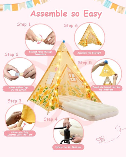 6 Pack Teepee Tent for Kids with Inflatable Airbed, Light, Toddler Tent Children Room Tents, Slumber Party Sleepover Tents, Indoor Outdoor Kids Playtent Playhouse for Girls & Boys