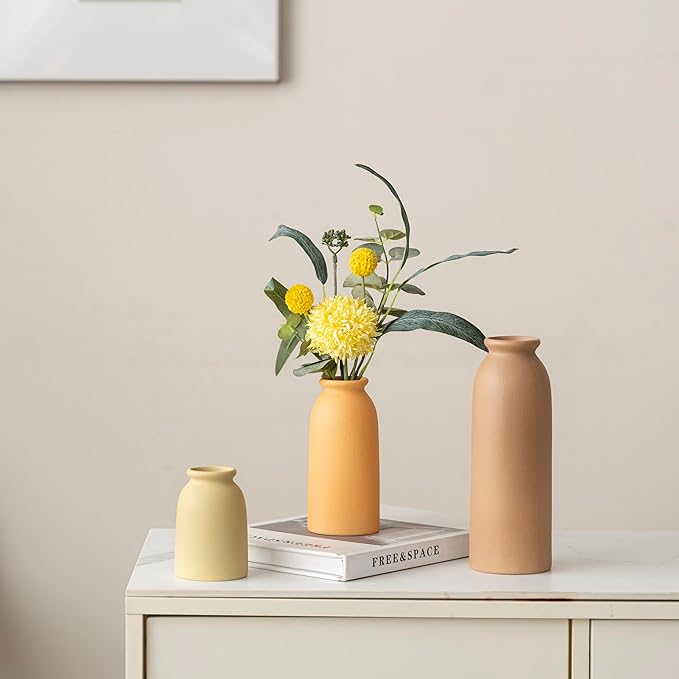 Ceramic Vase Set-3, Small Flower Vases for Decor, Modern Boho Farmhouse Style, Decorative Vases for Pampas Grass & Dried Flowers, Distressed Finish (Brown Mix)