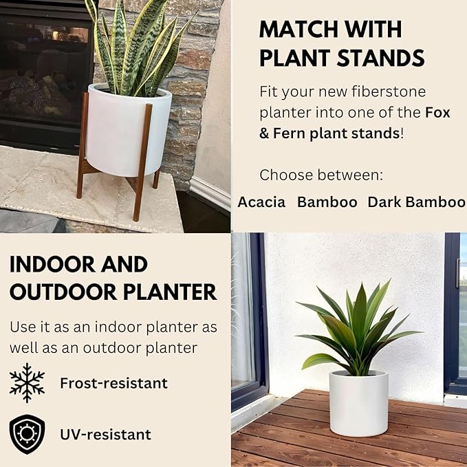 Fox & Fern Large 12 Inch Plant Pot with Hidden Saucer — Premium Lightweight Fiberstone Matte White Self Watering Planter with Seamless Saucer; Indoor & Outdoor Use; Weather Resistant & UV Resistant