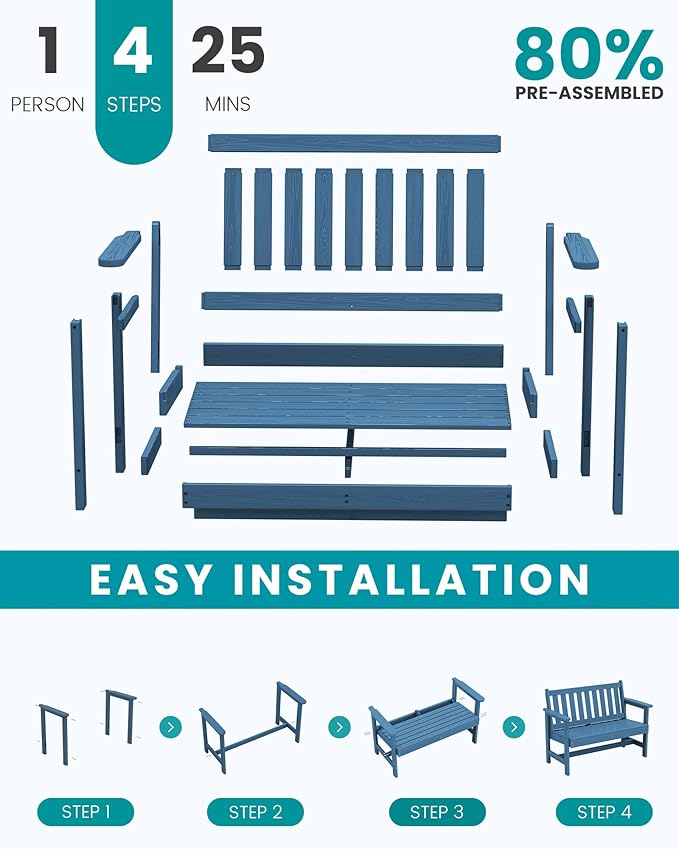 SERWALL Outdoor Bench, HDPE Outdoor Benches Weatherproof, 2-Person Garden Bench with 660 lbs Weight Capacity, Patio Benches for Outdoors, Garden, Porch, Backyard and Park, Navy, 6 Pack