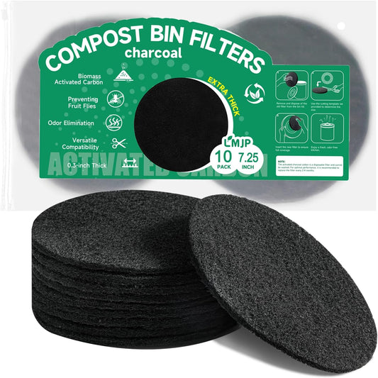 7.25 Inch Charcoal Filters for 10 Pack Kitchen Countertop Compost Bins - Extra Thick 0.3" for Longer Lasting Activated Carbon