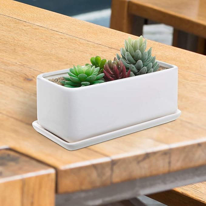 MyGift 14 Inch Modern Unglazed White Ceramic Indoor Plant Pot with Drainage Hole, Rectangular Succulent Planter Window Box with Removable Saucer, White (10 inch - 2 Pack)