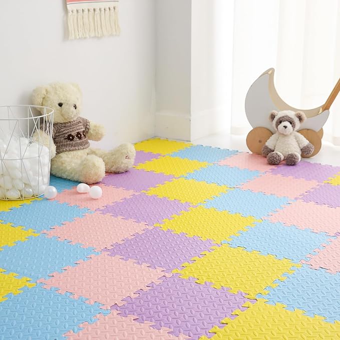 Foam Play Mat for Baby, EVA Non-Toxic Interlocking Floor Mats, Solid Colored Foam Puzzled Floor Mats, Baby Play Mat Exercise Mats, 16 Tiles(Pink/Purple/Yellow/Light Blue)
