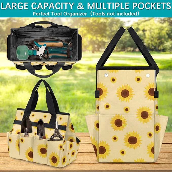 Sunflower Gardening Tool Bag,Heavy Duty Garden Tote Bag,Portable Oxford Gardening Storage Basket Organizer Handbag with Pockets Handle,Hand Tools Gifts for Outdoor Garden Lawn Yard