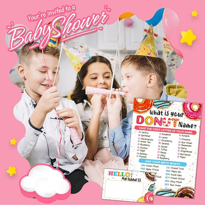 What is Your Donut Name Game, Game Sign and 30 Cards, Donut Birthday Party Sign for Girls, Wedding, Anniversary, Holiday Activity, Kids Donut Activity Cards