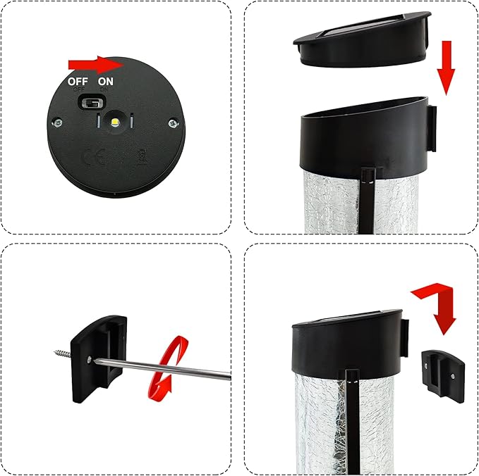 2PK Solar Outdoor Wall Lights with Crackle Glass Shade, Porch Fence Exterior Light Fixture Solar Powered Wall Scones