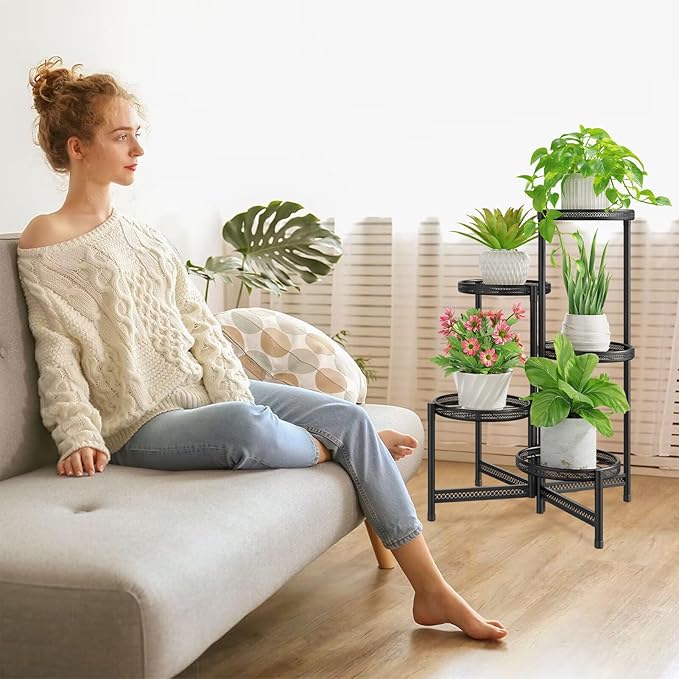 iDavosic.ly 5 Tier Large Plant Stand Indoor with 10-Inch Wide Drainage Tray, Tiered Corner Metal Outdoor Flower Display Holder Shelf, Folding Tall Rack for Patio Porch Balcony, Black Iron Carving