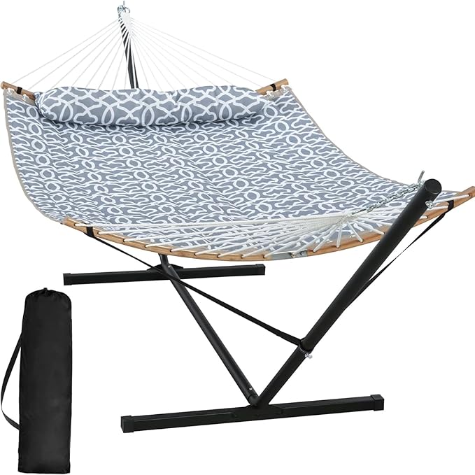 SUNCREAT Hammocks for Outside with Stand, Freestanding Hammock with Frame, 450 lbs Capacity, Grey Pattern