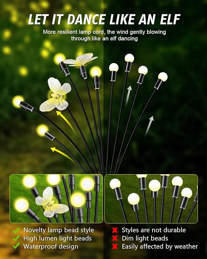 Solar Garden Lights 2024 Upgraded Solar Outdoor Lights Sway by Wind for Patio Pathway Decoration 2+8 Warm White (Butterfly 4 Pack)…