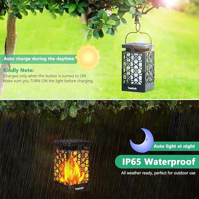 TomCare Solar Lights Upgraded Solar Lantern Flickering Flame Outdoor Hanging Lantern Decorative Lighting Solar Powered Waterproof LED Flame Umbrella Lights for Patio Garden Deck Yard, 4 Pack