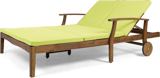 GDFStudio Samantha Double Chaise Lounge for Yard and Patio, Acacia Wood Frame, Teak Finish with Green Cushions, (307567)