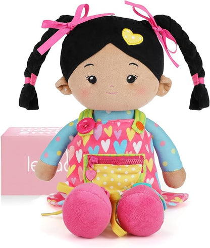LeyaDoll Soft Bady Educational Soft Baby Doll(16''), Learning Sensory Doll for Toddlers, Montessori Toys for 2-Year-Old Girls Christmas, Birthday Gifts, Plush Doll with Button-Busy Sweetheart Tanned