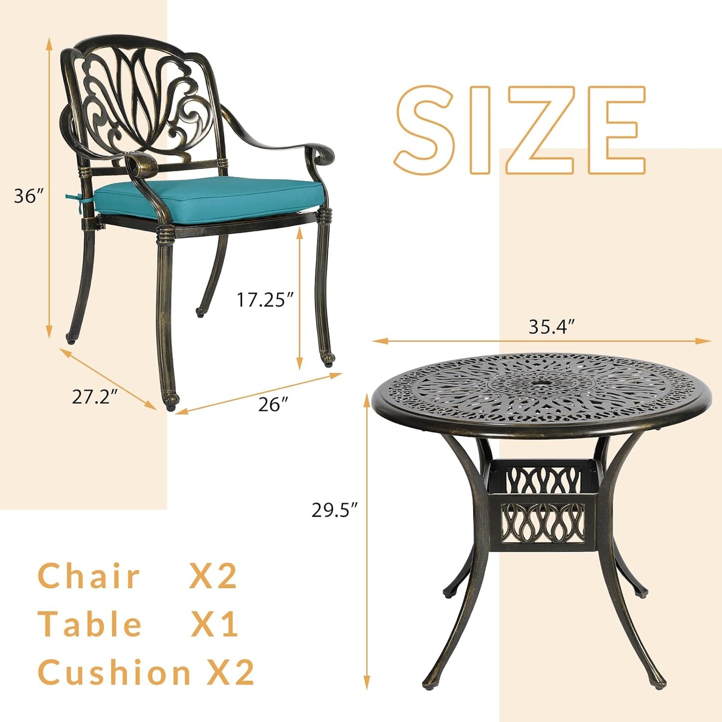 3-Piece Outdoor Patio Dining Set, All-Weather Cast Aluminum Patio Furniture Set for Backyard Garden Deck with 2 Cushioned Chairs and 35.4” Round Table, 2" Umbrella Hole, Ocean Blue