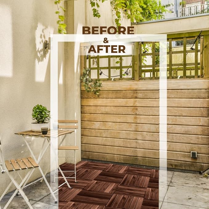 Pack of 10 Deck Tiles - 12"x12" Interlocking Natural Solid Acacia Wood for Outdoor & Indoor, Patio Garden, Balcony, Poolside - Brown Color