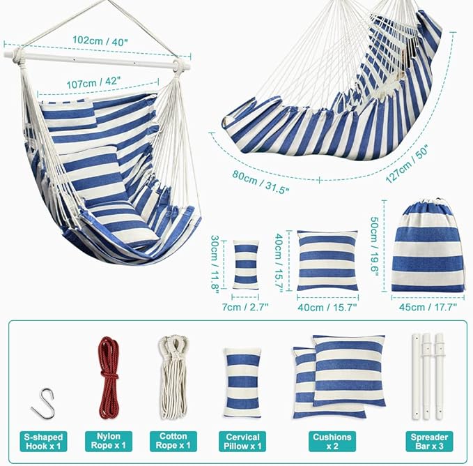 Hammock Chair, Hanging Chair with 3 Cushions and Foot Rest Support, Sturdy Metal Spreader Bar Max 440 Lbs, Swing Chair for Bedroom, Indoor & Outdoor, Patio, Porch or Tree（Blue and White）