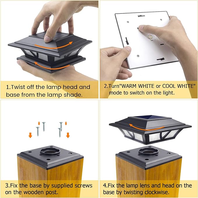 SIEDiNLAR Solar Post Lights Outdoor 2 Modes LED Deck Fence Cap Light for 4x4 5x5 6x6 Posts Patio Garden Decoration Warm White/Cool White Lighting Black (8 Pack)