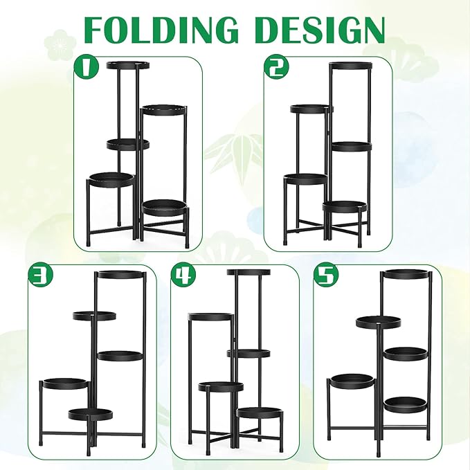Metal Plant Stand for Indoor Outdoor,5 Tier Foldable Corner Flower Stands Shelf Plants Holder Display for Patio Garden Living Room Balcony Bedroom (5 tier)