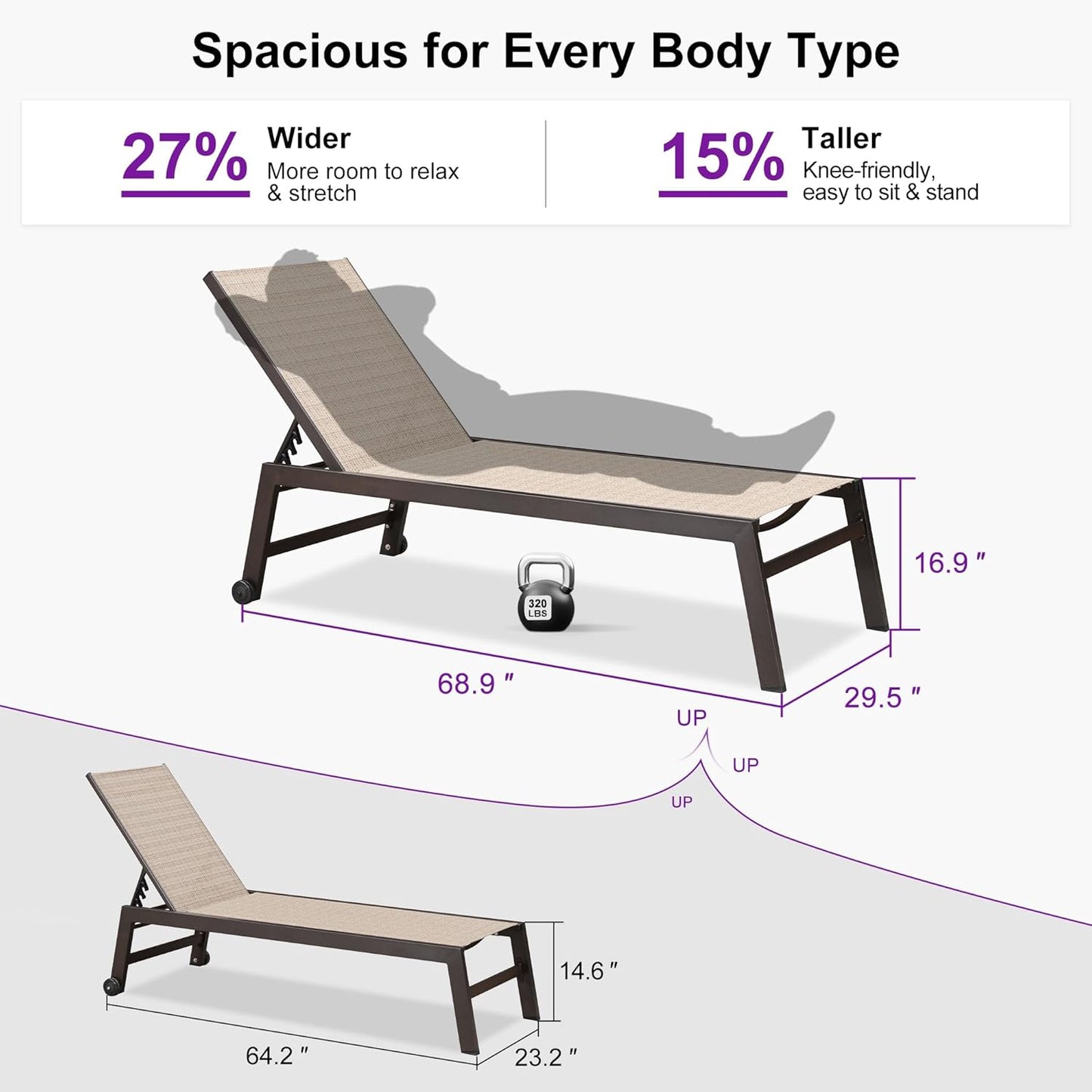 PURPLE LEAF Oversized Patio Lounge Chairs Set of 3, Reclining Pool Lounge Chairs with Side Table and Wheels for All Weather for Outdoor, Deck, Lawn, Aluminum Outside Pool, Light Tan