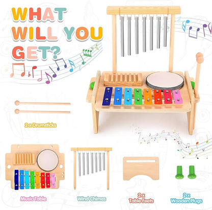Kids Drum Set for Toddlers, Montessori Musical Instruments Toys, Toddler Drum Set Wooden Xylophone Musical Toys Birthday for Children Boys and Girls