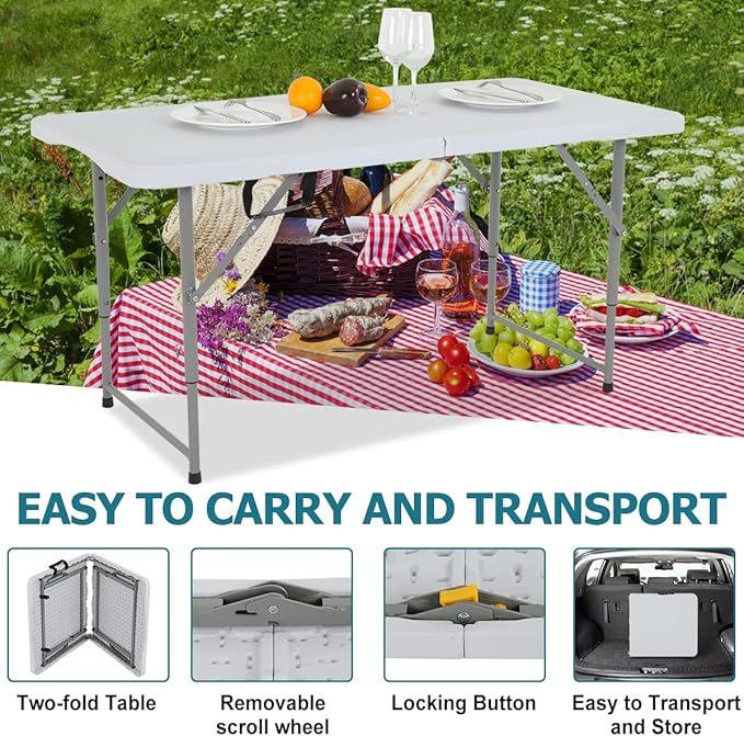 4FT Folding Table, Height Adjustable Table, Heavy Duty Plastic Tables Portable Fold-in-Half Utility Table w/Handle & Lock for Camping BBQ Party Banquet Wedding Market Events, 330LBS