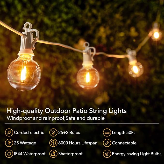 Outdoor String Lights - 50 Ft Waterproof Connectable Commercial LED Patio Lights with 25 G40 Globe Bulbs, All Weatherproof Hanging Globe Lights for Outside Backyard Porch Party Decoration