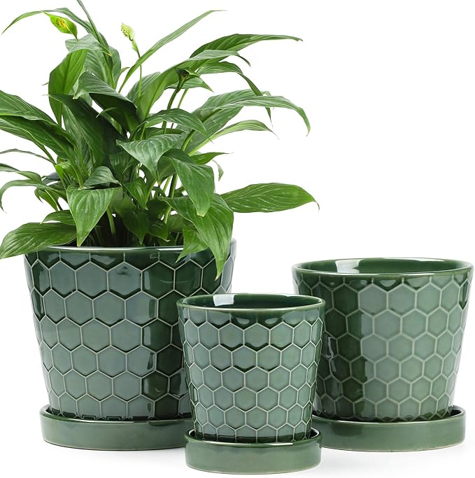 Ceramic Plant Pot – 4”+5”+6” inch Ceramic Flower Pot with Drainage Holes and Ceramic Tray - Gardening Home Desktop Office Windowsill Decoration Gift Set 3 - Plants NOT Included (Patina)