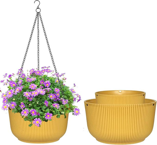 Hanging Planters for Indoor Plants, 3 Pack Hanging Baskets for Plants, Self Watering Plant Hanger for Indoor Plants, Round Hanging Plant Pot with Drainage Holes and Chains, Yellow