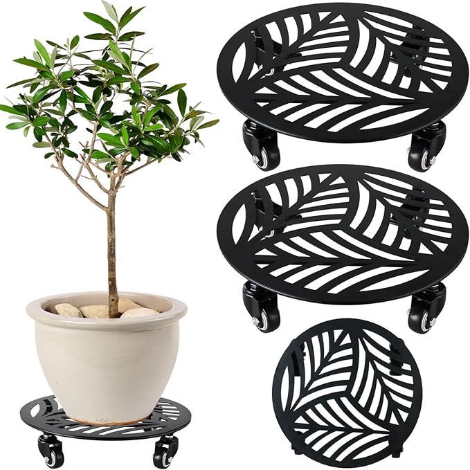2 Packs Large Metal Plant Caddy with Wheels 14” Heavy-Duty Wrought Iron Rolling Plant Stands with Casters Indoor and Outdoor Plant Pot Roller Base Plant Saucer Movers Black