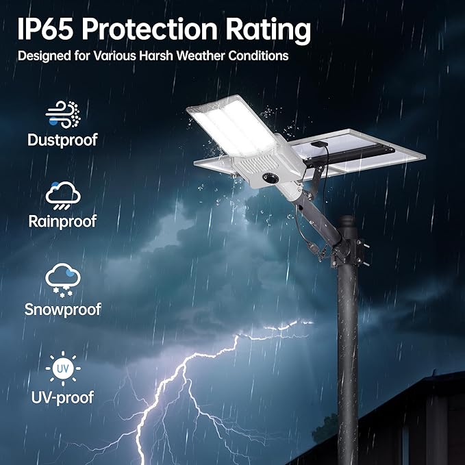 11000W Solar Street Light Outdoor with Dual Solar Panels IP65 Waterproof – 650,000LM 3-Sided LED Lights, 144pcs LEDs, 50000mAh Battery, Motion Sensor, Dusk to Dawn for Parking Lot, Yard,Garden