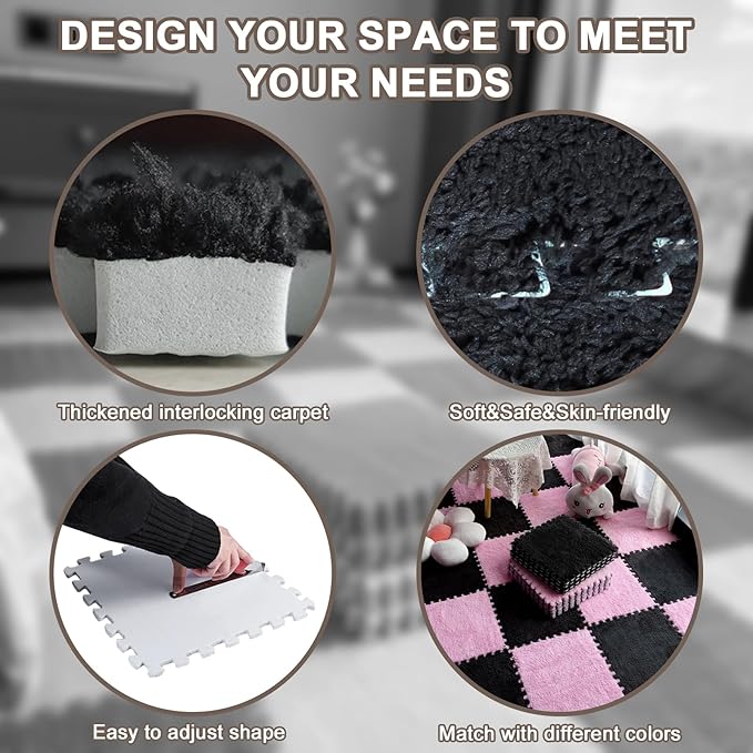 16pcs 0.6" Thickened Interlocking Tile Mats,Fluffy Shaggy Soft EVA Foam Area Rug for Living Room & Bedroom,Non-Slip Protective Floor Carpet Play Mat Kids Baby Dorm Home Decor (11.8ft, Black)