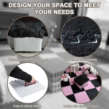 16pcs 0.6" Thickened Interlocking Tile Mats,Fluffy Shaggy Soft EVA Foam Area Rug for Living Room & Bedroom,Non-Slip Protective Floor Carpet Play Mat Kids Baby Dorm Home Decor (11.8ft, Black)