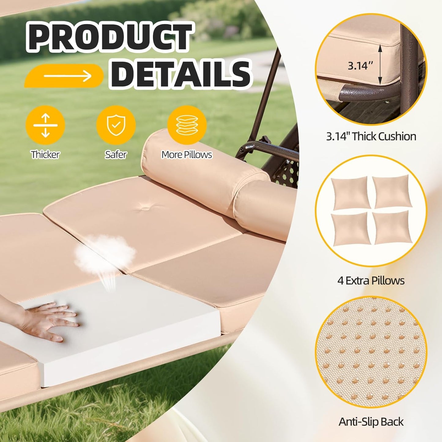 3-seat Patio Swing with Canopy,Convertible Outdoor Swing Bed with Thick Cushions, Pillows & Cup Holders, 3-Seat Outdoor Swings Chair for Backyard, Garden, Deck(Khaki)