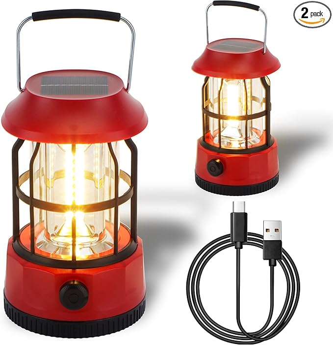 TRIROCKS Set of 2 LED Solar Camping Lantern Dimmable Rechargeable Lantern IPX3 Water-Resistant Portable Emergency Lights Outdoor Camping Lights for Camping Home Power Outage Hurricane Hiking (Red)
