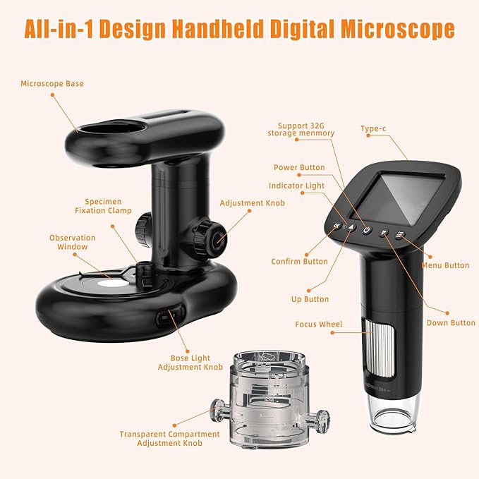 Kids Digital Microscope with 2inch IPS Screen, HD 1080P Handheld Pocket Microscope Science Kit for Children, Comes with 32GB SD Card